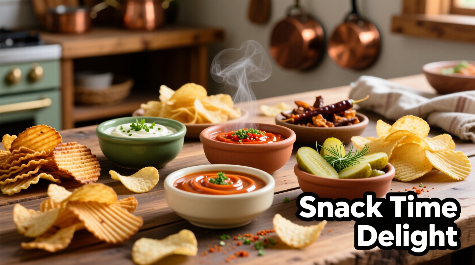 Variety of potato chips with different dips in small bowls