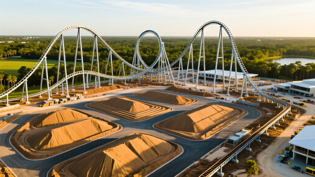 Aerial construction view of Universal Epic Universe theme park site in Orlando showing massive steel roller coaster structures and extensive earthwork grading