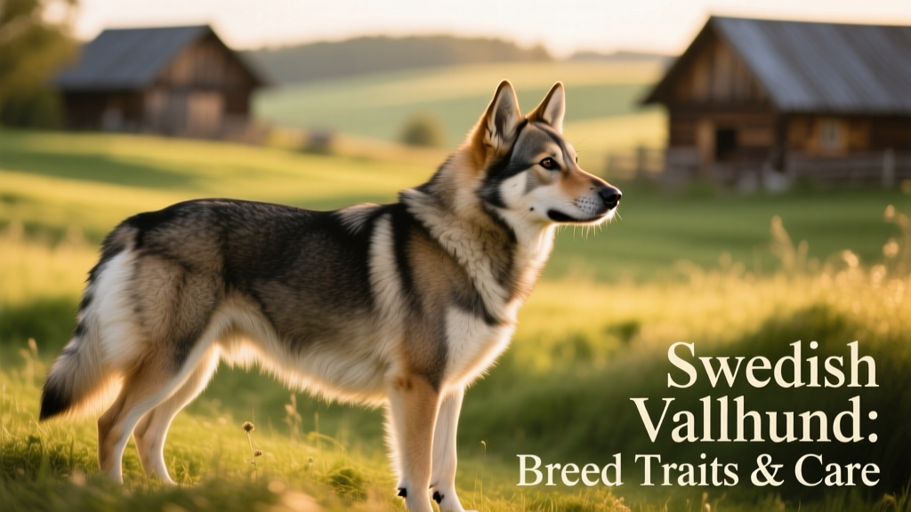 Standing side profile of a Swedish Vallhund showing its low-slung, muscular build and alert expression