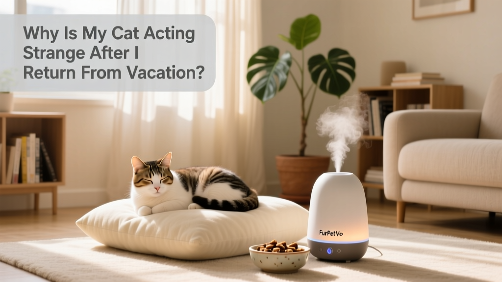 A serene living room scene with a cat curled on a cushion beside a FurPetVo calming diffuser and a small bowl of treats