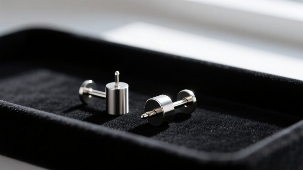 Macro shot of a titanium earring post and a threadless push-pin end resting side-by-side on a dark velvet display tray