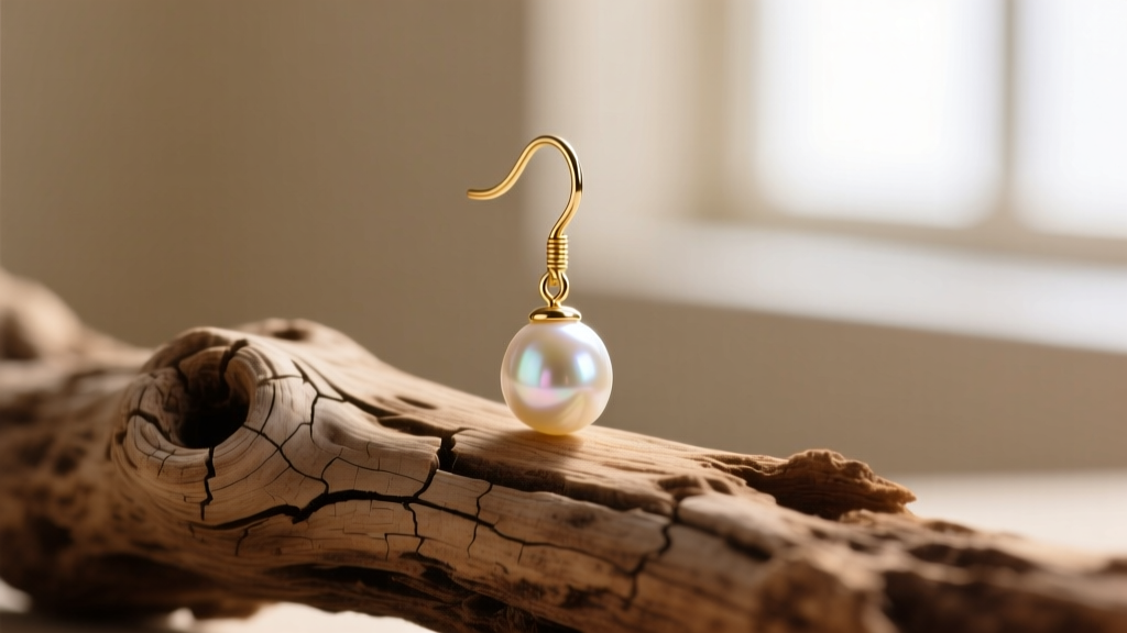 Macro photography of a freshwater pearl drop earring with a 20-gauge gold PVD-plated hook resting on a piece of raw driftwood