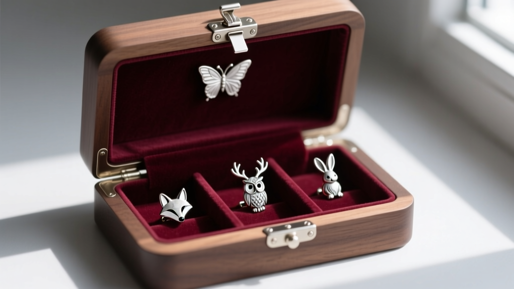 Anti-tarnish jewelry box with velvet compartments safely storing animal-shaped stud earrings and secure butterfly friction backs.