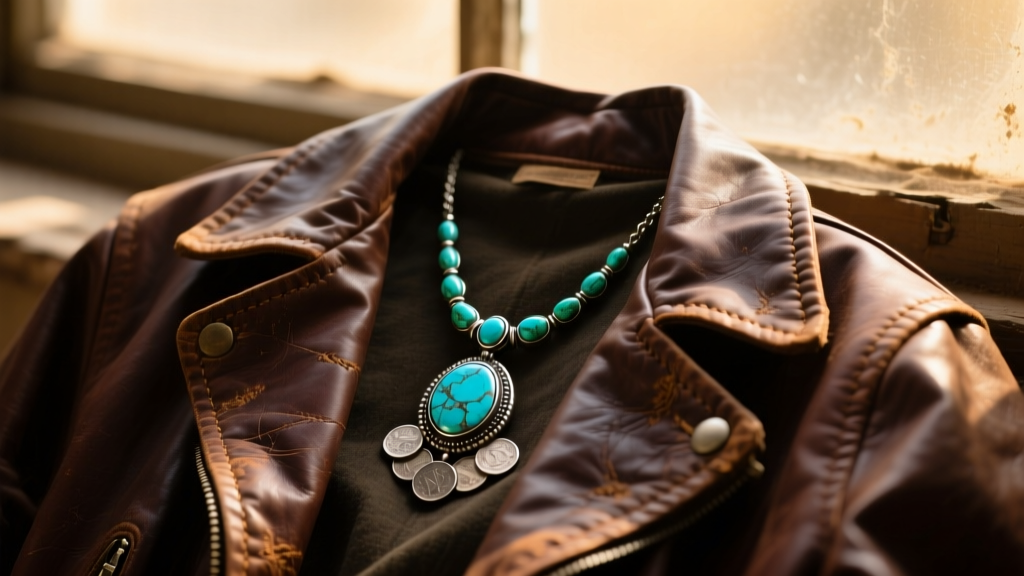 Weathered 1890s Southwestern turquoise and coin silver pendant necklace resting on a worn leather duster jacket in warm sunlight