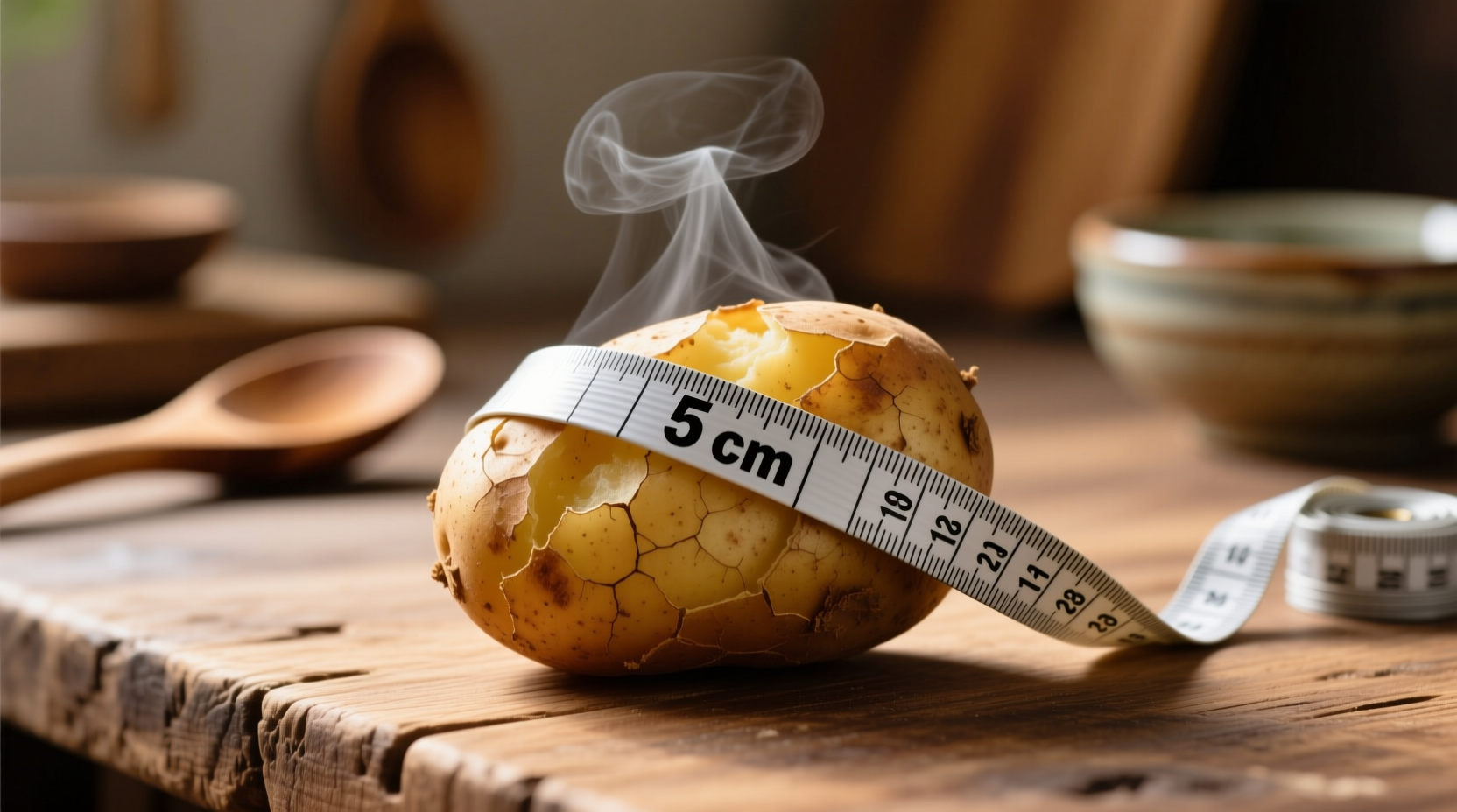 Small baked potato with measuring tape showing size