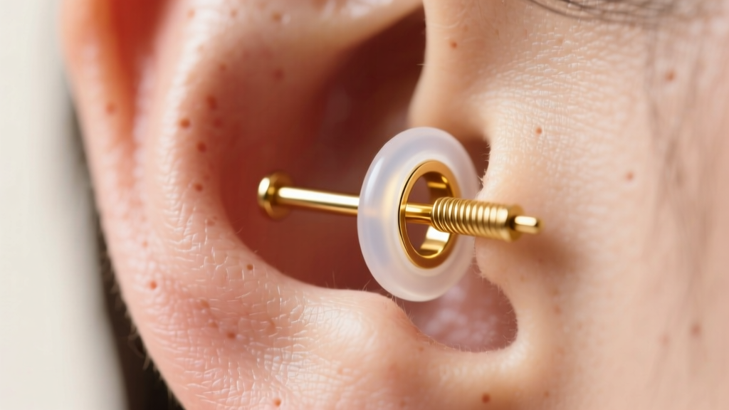 Close-up of a 20-gauge solid gold earring post with a silicone O-ring back, showing wire thickness and secure grip on an earlobe.