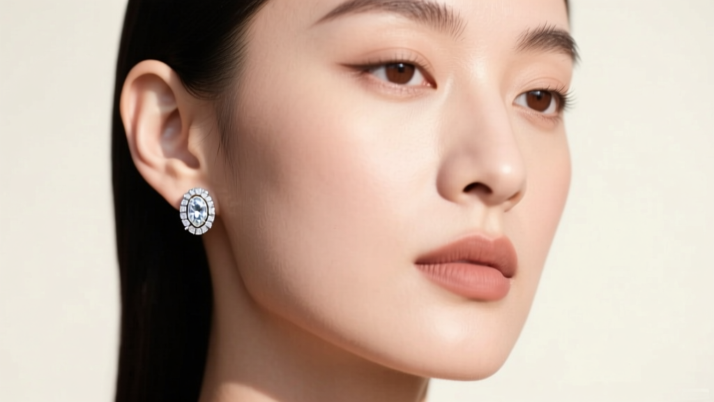 Portrait of a woman wearing east-west set oval diamond stud earrings, highlighting horizontal orientation on a small earlobe shape