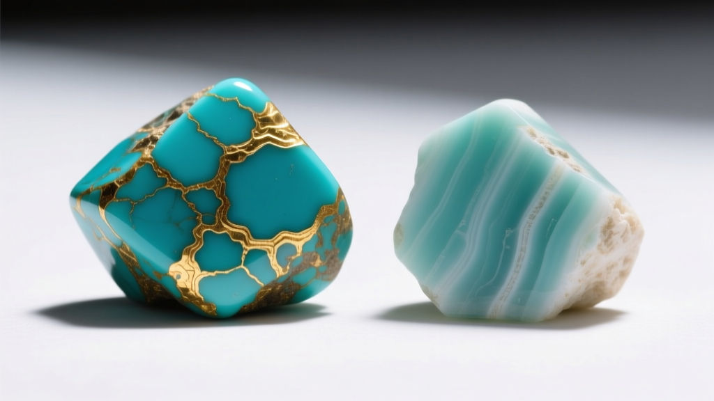 Natural Kingman turquoise nuggets with golden matrix next to dyed howlite imitations, shown side-by-side under bright daylight