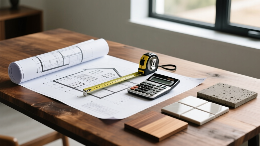 Architectural blueprints spread across a wooden table next to a calculator, measuring tape, and material samples for a new residential home build