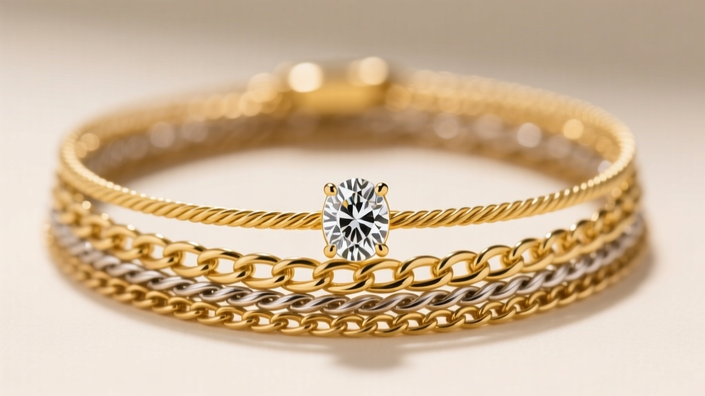 Close-up of a layered necklace stack with a bezel-set oval lab-grown diamond pendant on a delicate 14k yellow gold cable chain.