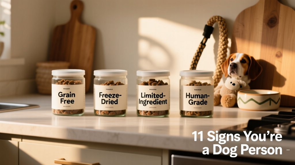 A neatly arranged kitchen counter with labeled dog food containers: grain-free, freeze-dried, limited-ingredient, and human-grade formulas