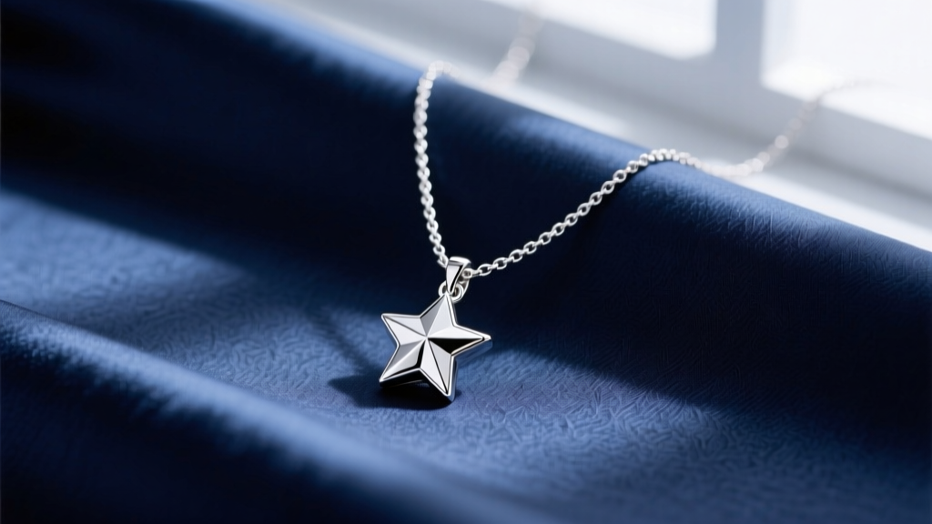 Editorial flat lay of a delicate star sterling silver necklace on navy silk, highlighting the rhodium finish and 12mm pendant