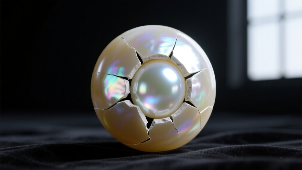Macro shot of a chipped roman pearl revealing a clear glass core beneath the pearlescent titanium dioxide coating on dark velvet