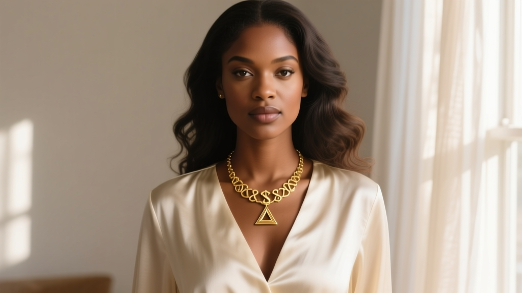 Elegant portrait of a woman wearing a gold Delta Sigma Theta necklace over a cream silk blouse in soft natural window lighting.
