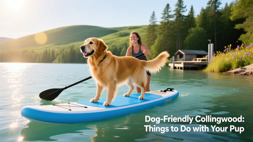 Dog-friendly paddle boarding on Georgian Bay with a dog balanced on a stand-up paddleboard