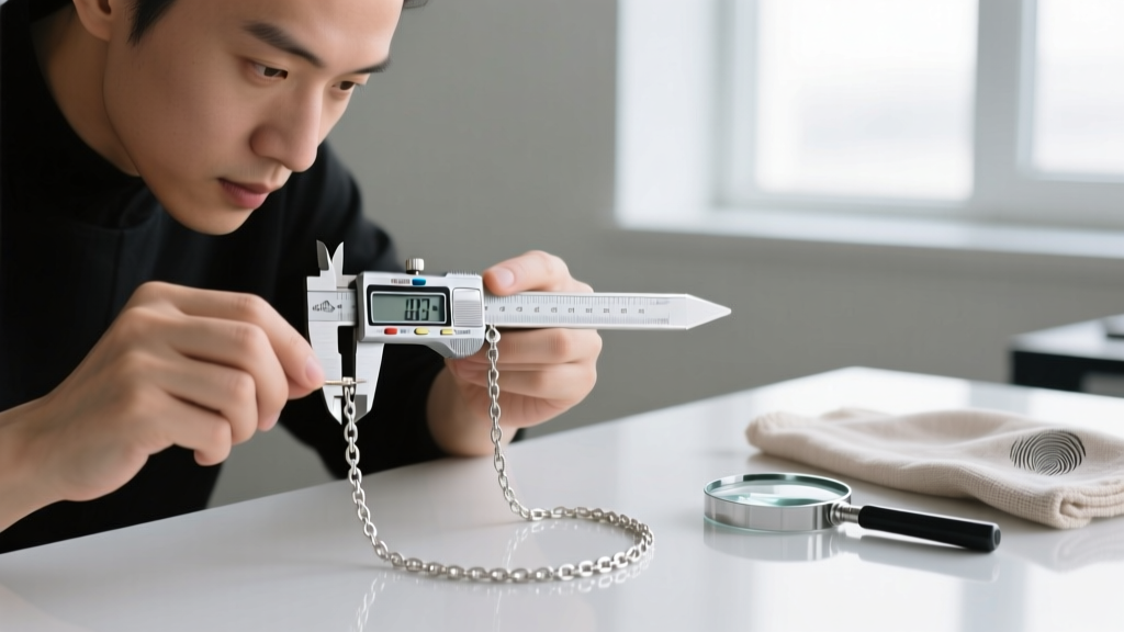 Jeweler using a digital caliper to measure the thickness of a budget silver chain link, with a loupe and polishing cloth nearby
