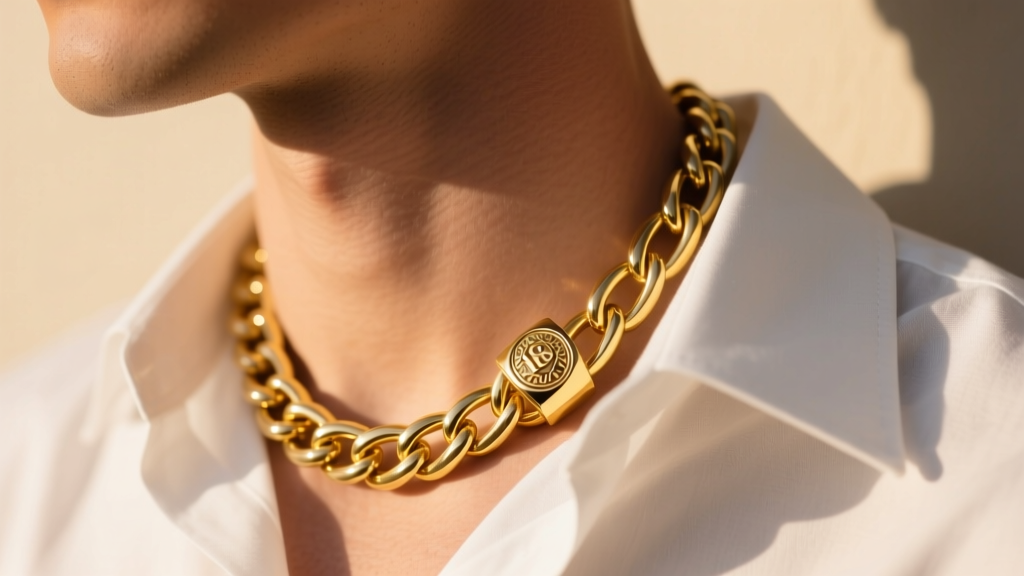 A thick 18k gold signet finger ring sliding freely along a heavy 4mm yellow gold Cuban link chain on a neck, warm sunlight.
