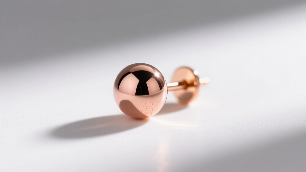 Macro shot of a polished 14k rose gold ball stud earring on a white surface, highlighting its warm, peachy copper metal tone.