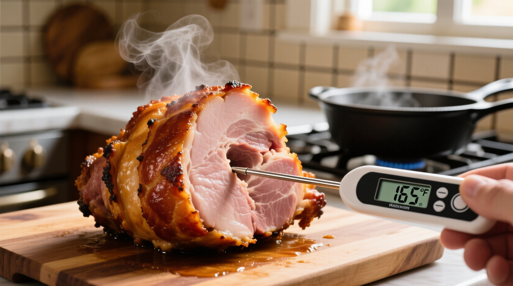 Thermometer checking internal temperature of reheated ham