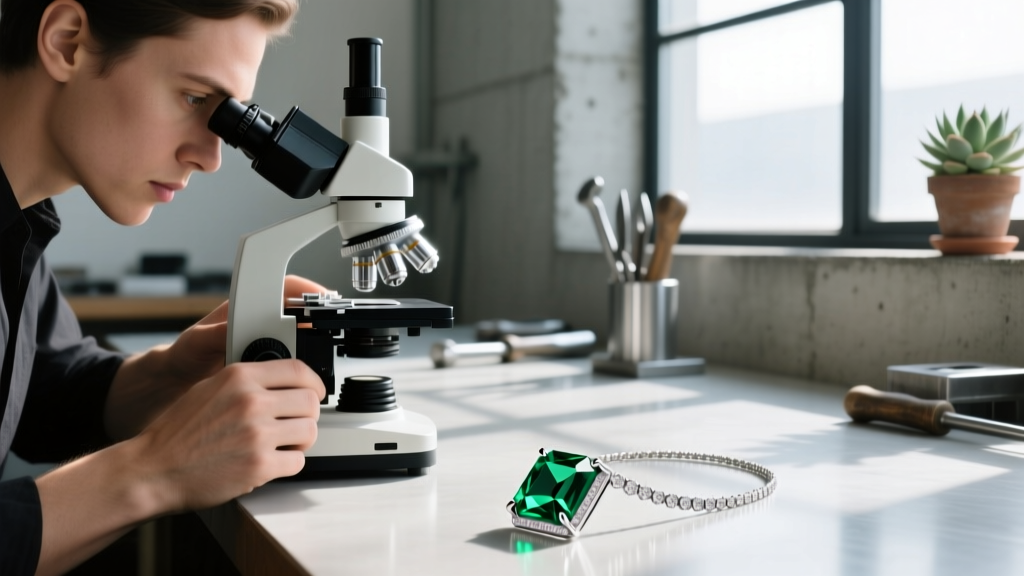 Jeweler using a microscope to inspect corner prongs of a platinum bezel-set emerald baguette pendant necklace in a lit workshop