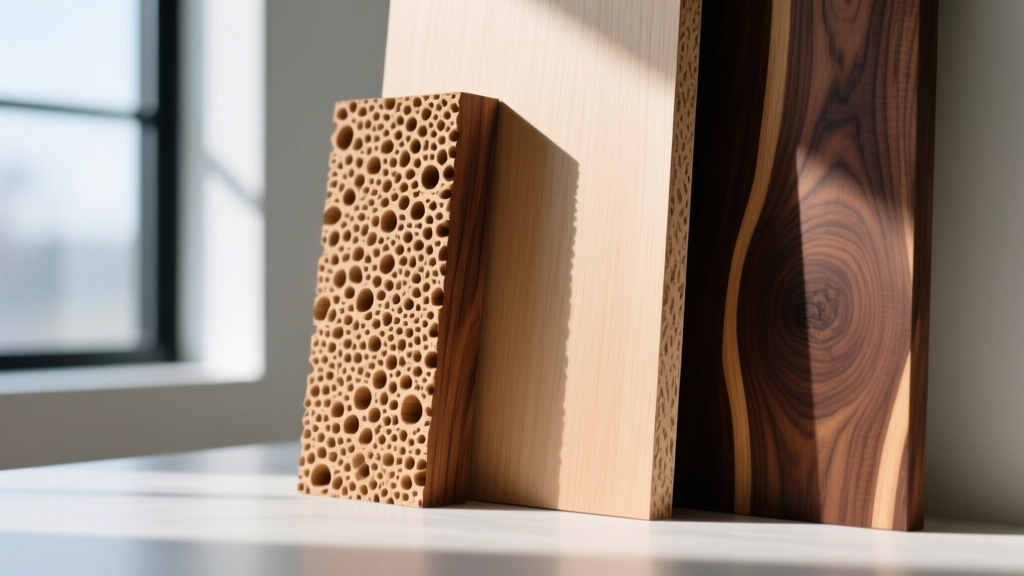 Macro shot of Ridgewood timber cross-section next to MDF and walnut, highlighting the dense, tight pore structure.