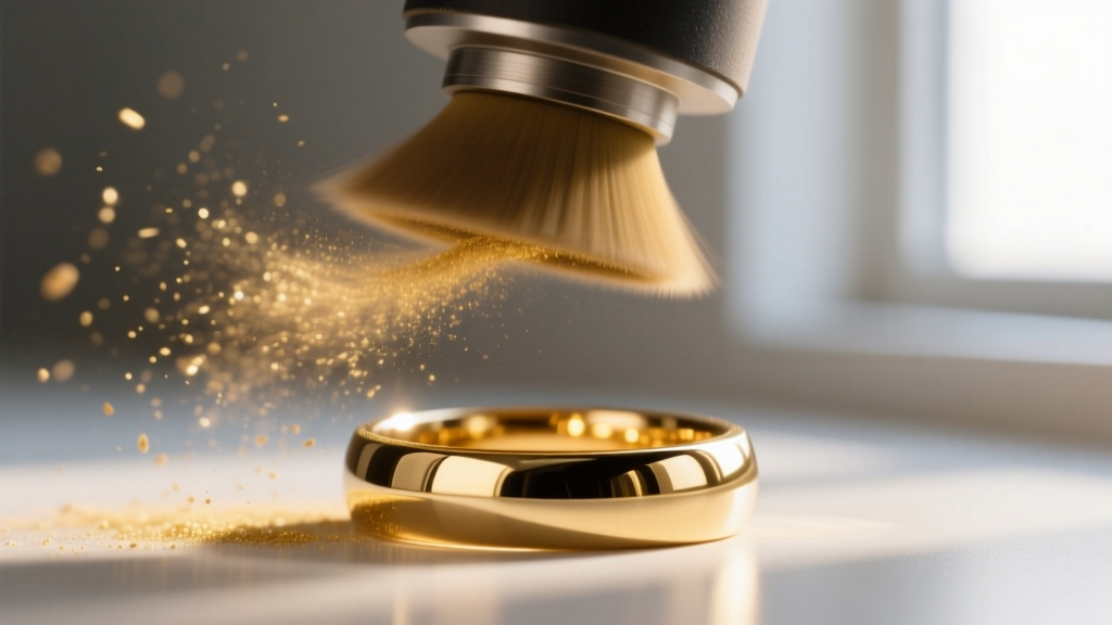 Close-up of a polishing wheel buffing a gold ring, showing flying dust and bright studio reflections on the smooth metal surface