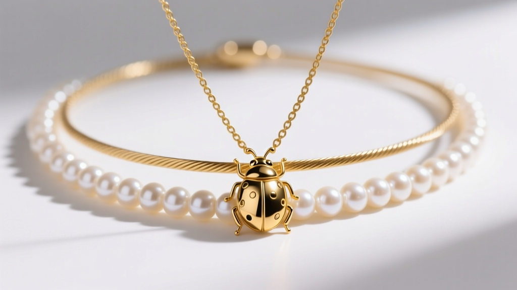 Layered stack featuring a gold ladybird necklace on an 18-inch cable chain paired with a delicate freshwater pearl choker