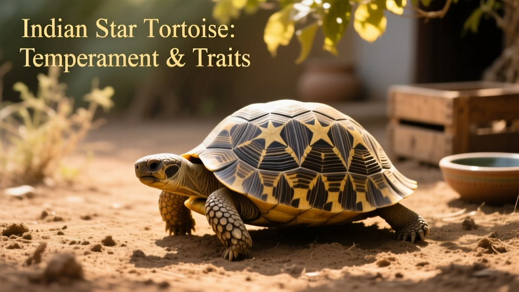 Side view of an Indian Star Tortoise walking across sun-dappled soil
