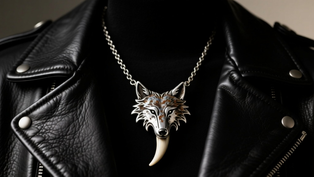 Close-up of an oxidized sterling silver wolf tooth necklace on a black leather jacket, moody studio lighting, sharp focus.