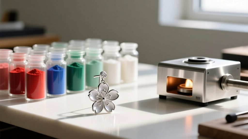 Workbench with vitreous enamel powder in glass vials beside a half-finished silver sakura earring and a small precision kiln