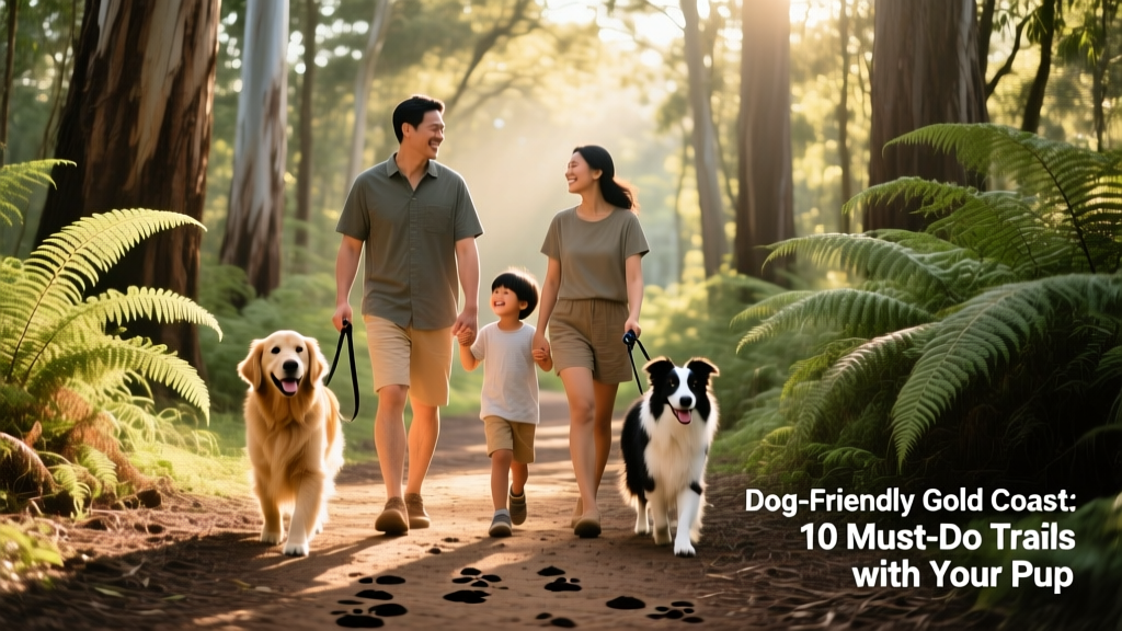 A family walking hand-in-hand with two dogs along a scenic forest path with dappled sunlight and ferns