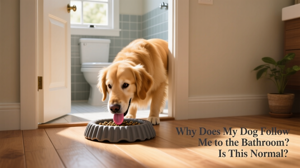 A dog happily licking a slow-feeder puzzle toy placed on the floor outside a bathroom doorway