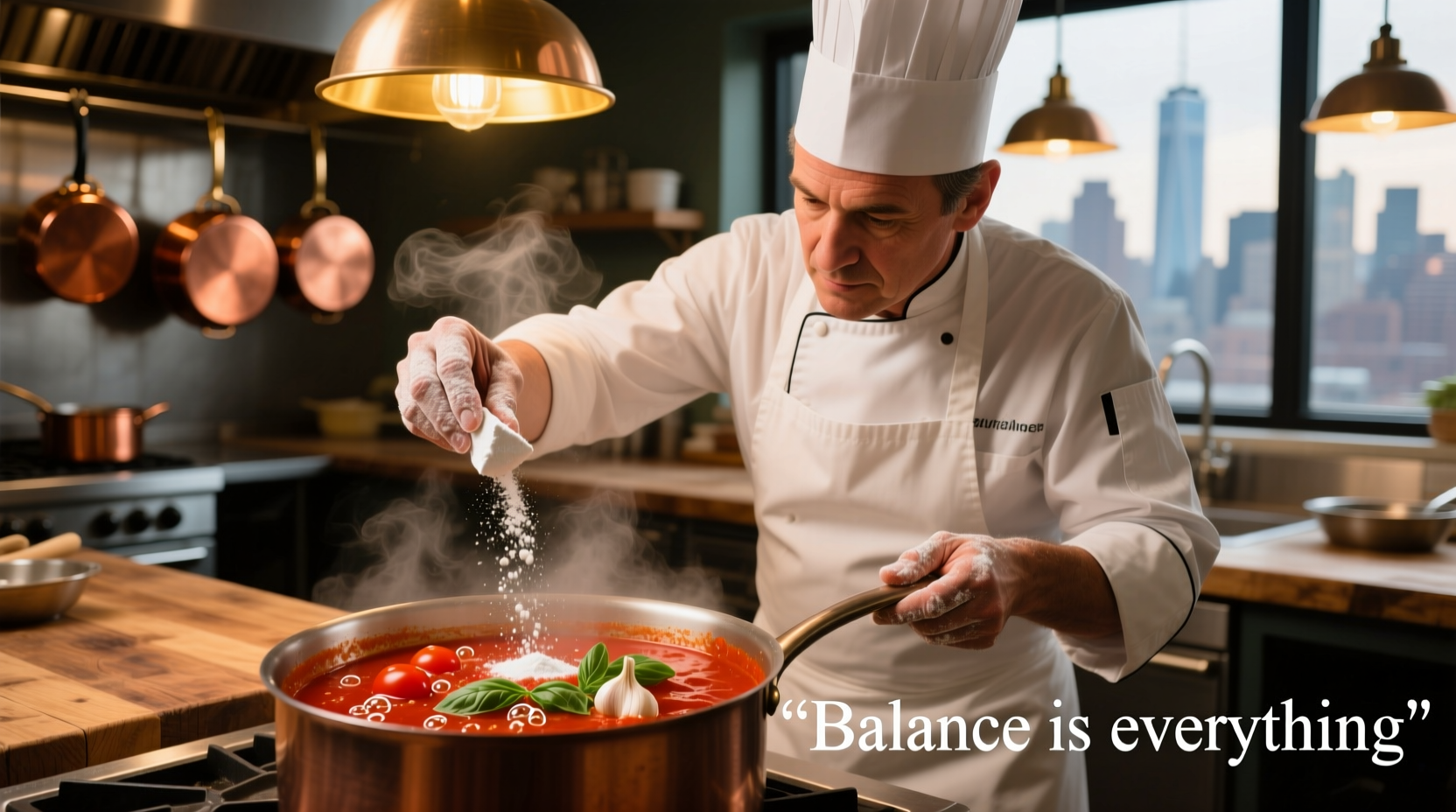 Chef adjusting tomato sauce acidity with baking soda