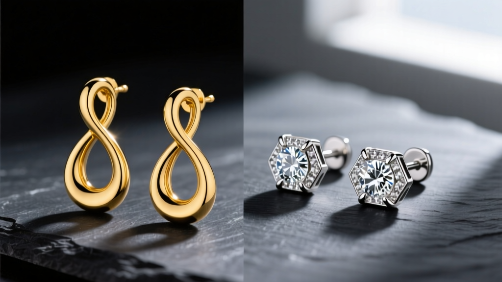 Side-by-side view of 14k yellow gold infinity drop earrings and diamond-accented sterling silver studs on a dark slate background.