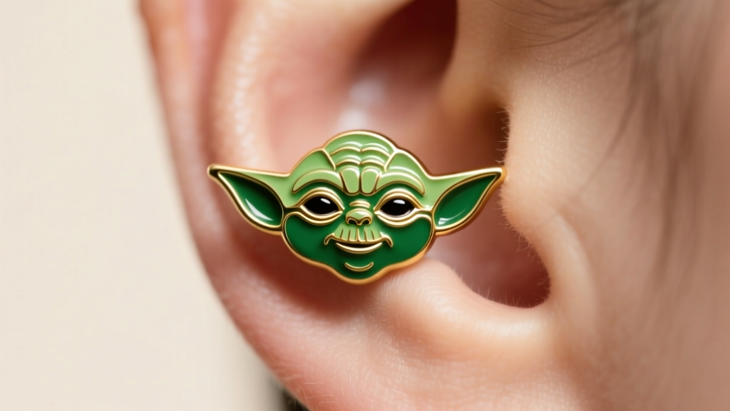 Close-up of a Yoda enamel stud earring on a soft lobe, featuring vibrant green and gold detailing under warm studio lighting