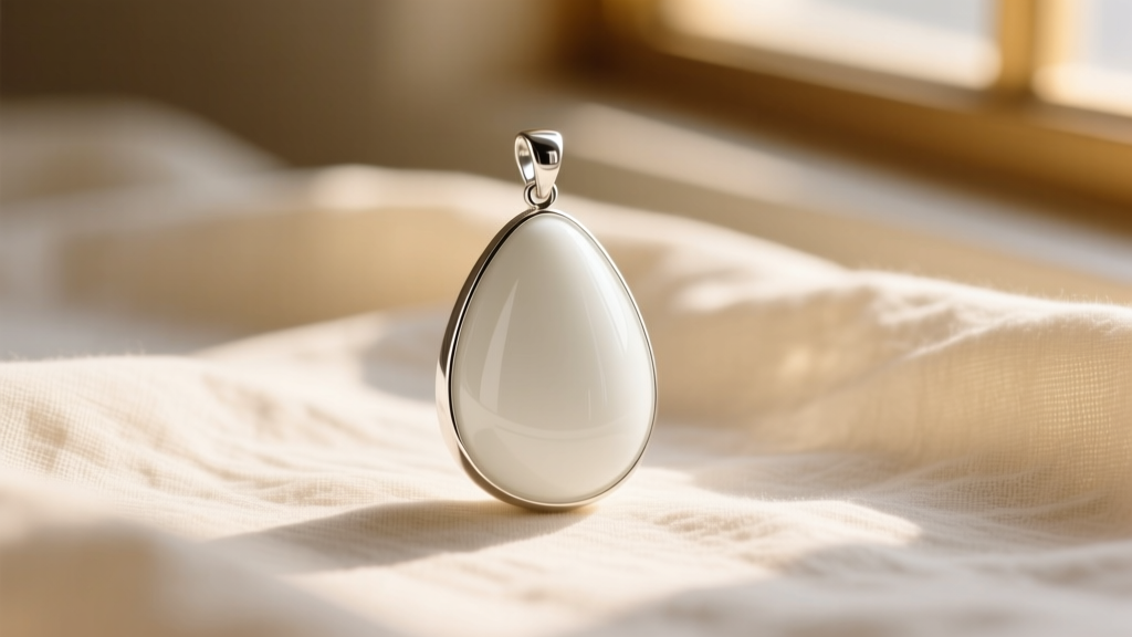 A white glazed porcelain teardrop pendant set in sterling silver resting on cream linen fabric under warm natural window light.