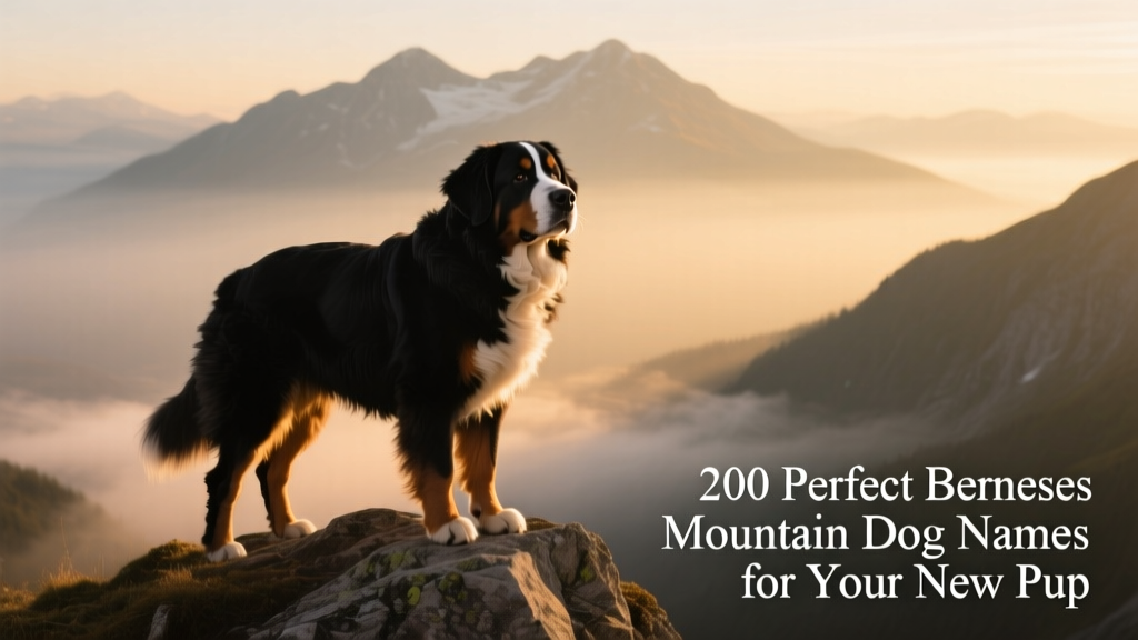 A majestic Bernese Mountain Dog standing tall on a rocky mountain ledge with misty peaks behind