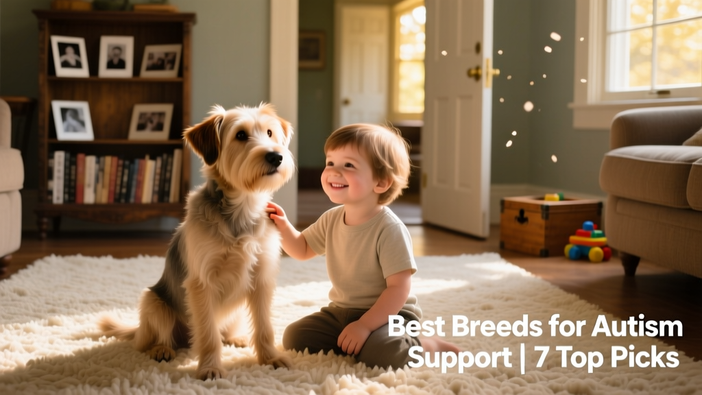 A child smiling softly while gently stroking a calm, medium-sized wheaten terrier seated beside them on a cozy living room rug