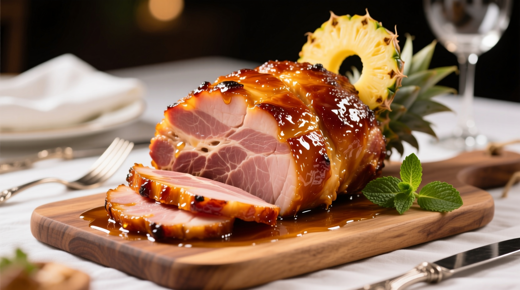 Golden honey glazed ham with pineapple garnish