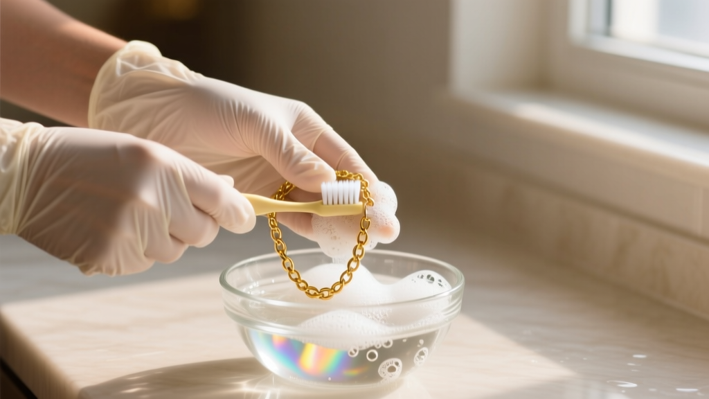 Hands in nitrile gloves gently washing a gold-dipped chain with a soft baby toothbrush and mild soapy water in a small glass bowl.