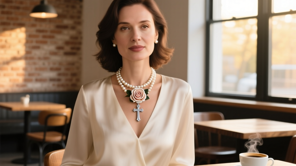 Woman wearing cross with rose necklace layered with pearl choker, V-neck blouse, warm cafe lighting, lifestyle fashion portrait.