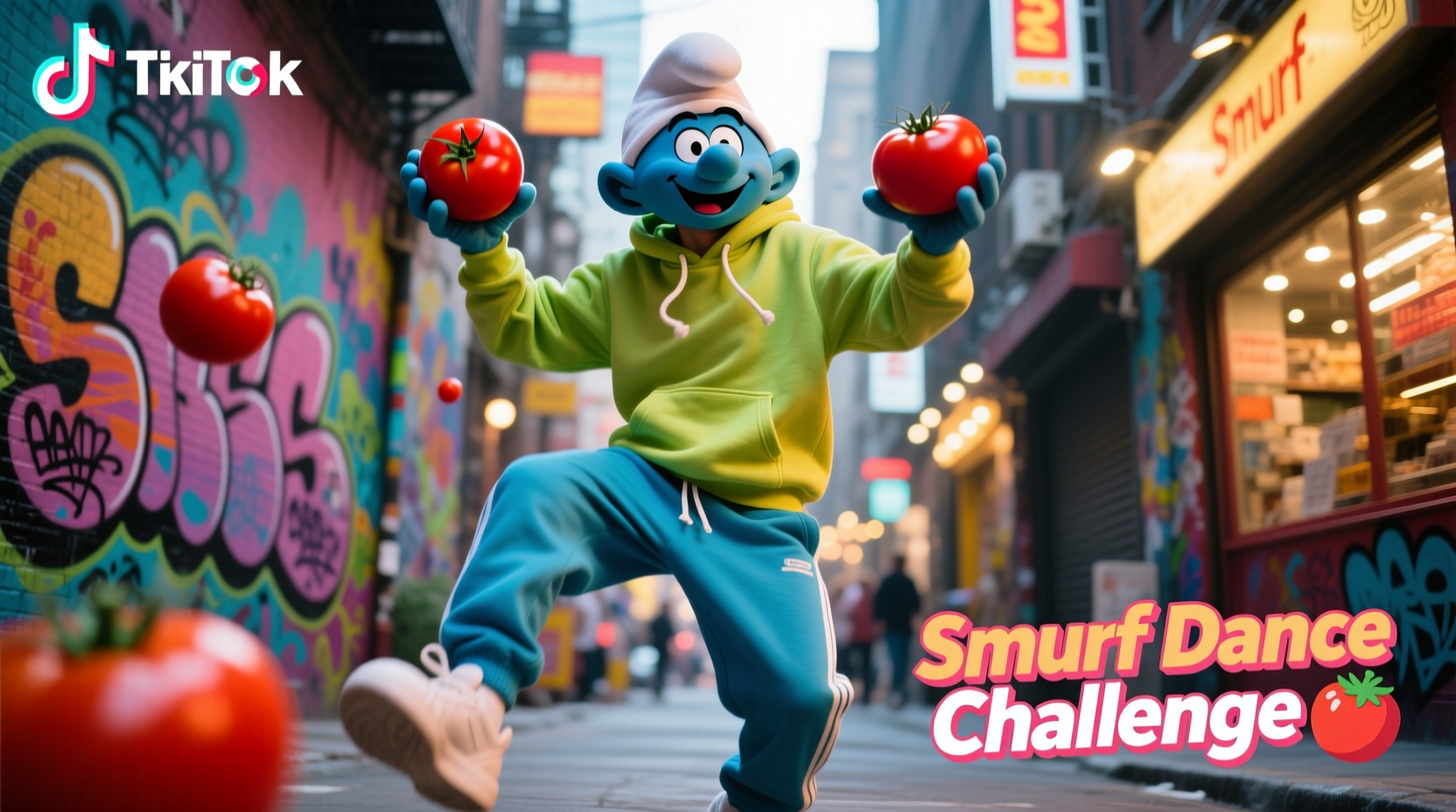 TikTok creator holding tomatoes while performing the Smurfs dance