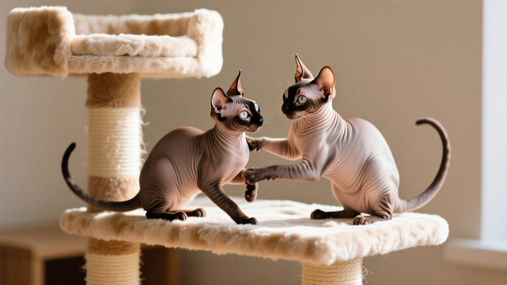 Two Donskoy cats playing together on a plush cat tree with soft fleece-lined platforms