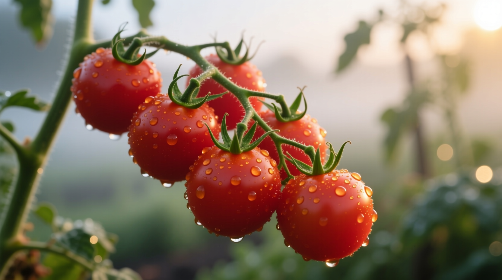 Fresh red cherry tomatoes on vine with morning dew