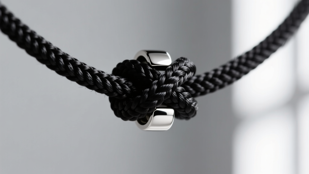 Close-up of 1.5mm black nylon cord in a silver pendant bail, secured tightly with a neat, perfectly formed double surgeon's knot.