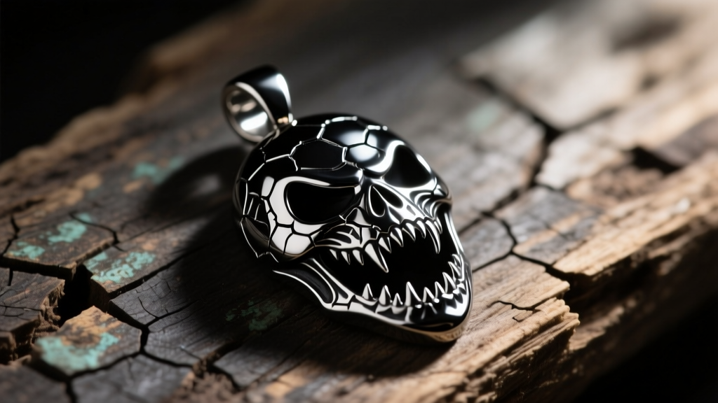 Macro shot of a 316L stainless steel horror-themed pendant with PVD black coating, resting on a weathered wooden prop surface