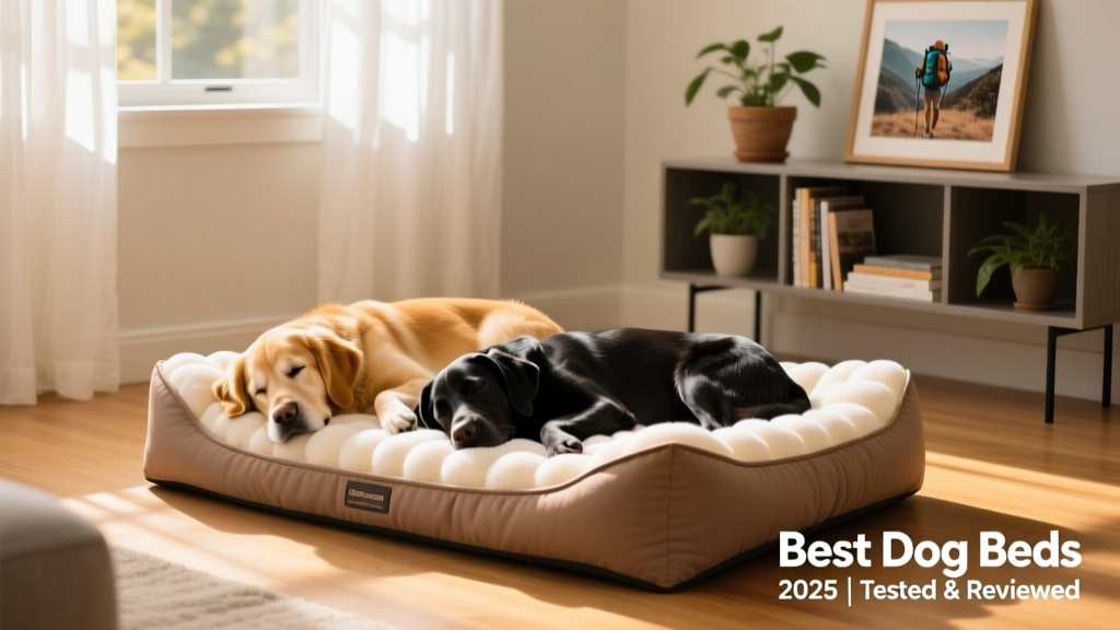 Two dogs sleeping side by side on a plush, supportive dog bed in a sunlit living room