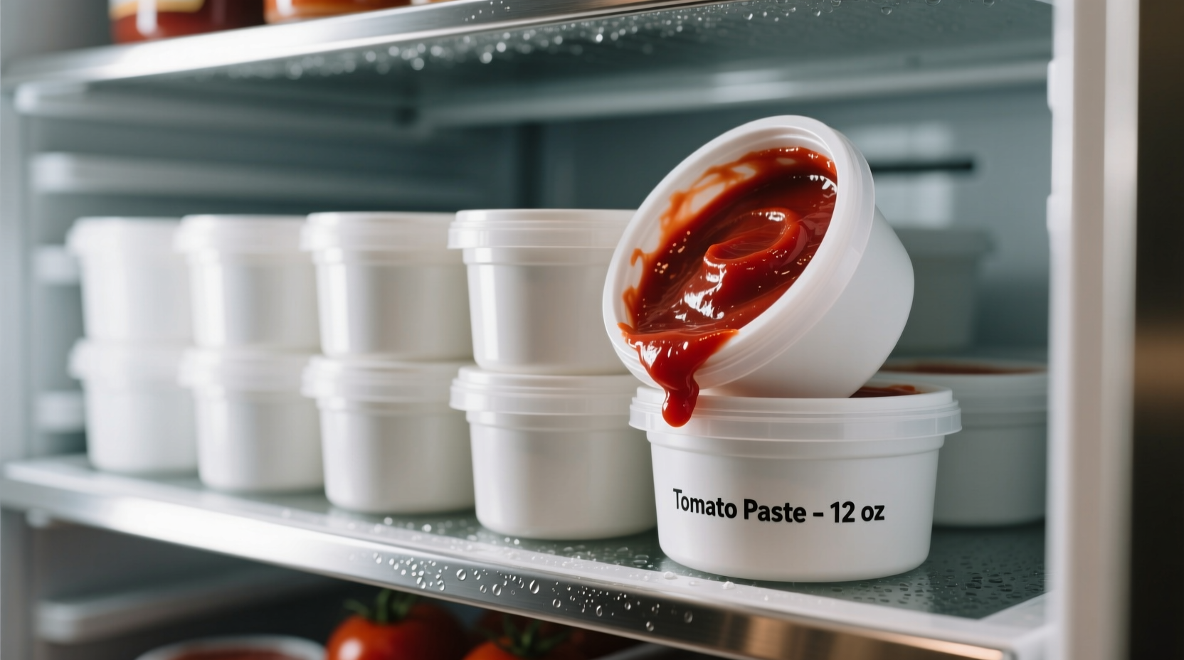 Tomato paste storage containers in refrigerator