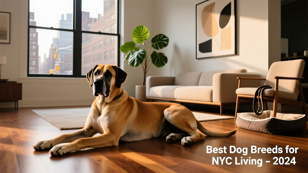 A relaxed Great Dane lying calmly on a hardwood floor in a stylish Manhattan studio apartment