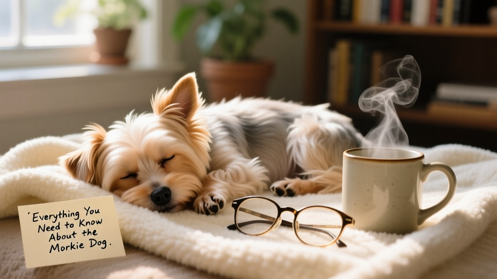 A relaxed Morkie curled up asleep on a soft blanket beside a pair of reading glasses and a steaming mug